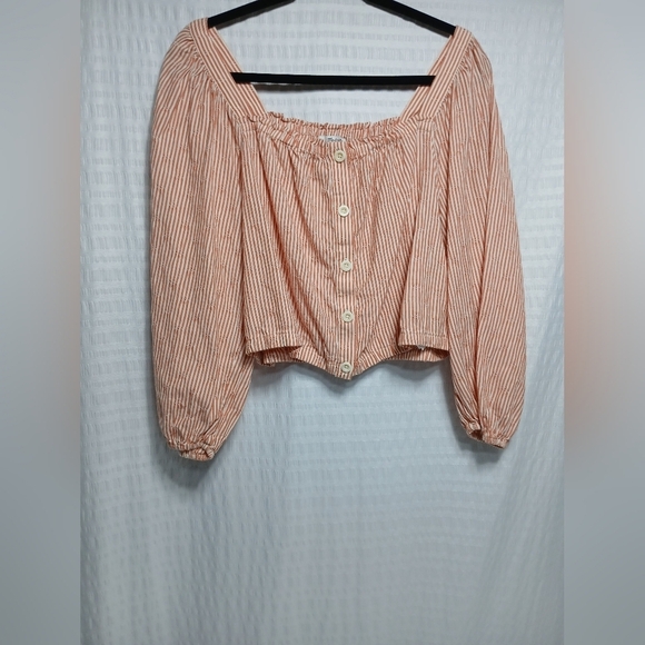 Madewell Puff Sleeve, Button Front Crop Top In Embroidered Stripe. LadiesSize XL - Picture 3 of 11